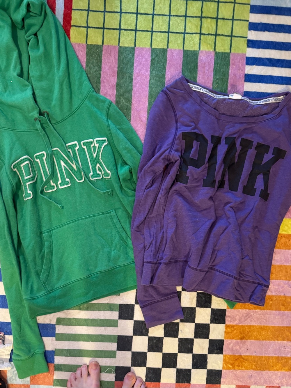 PINK Victoria's Secret Green Hoodie + Purple Sweatshirt Set